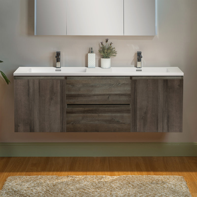 Meuble-lavabo mural flottant l 59 po x P 19,6 po avec comptoir en résine, Blanc, Chêne gris