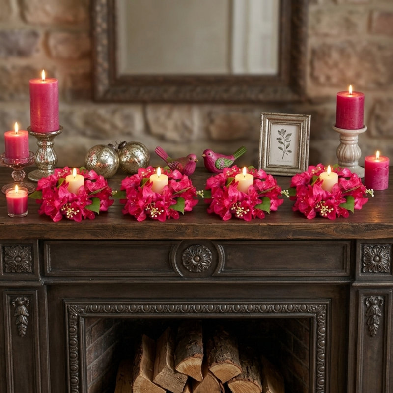 4 anneaux de bougie de fleurs artificielles 4PCS, bougies de 9 pouces Bougainvillea floral