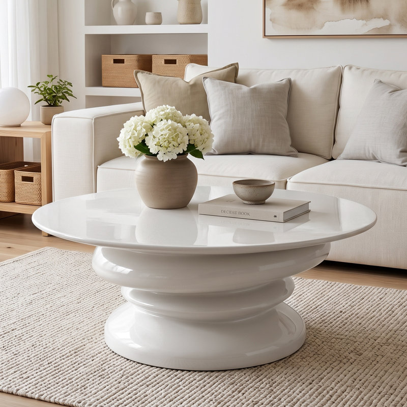 Table basse moderne haut de gamme en fibre de verre, table d'appoint ronde à pied central laqué brillant pour salon, livrée montée, gris pâle