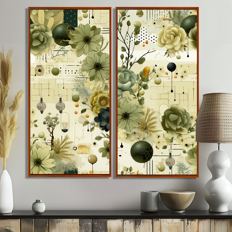 «Green Botanical Dreams» - art mural vert 2 pièces, 32" H x 32" W, Impression encadrée flottante, Brown