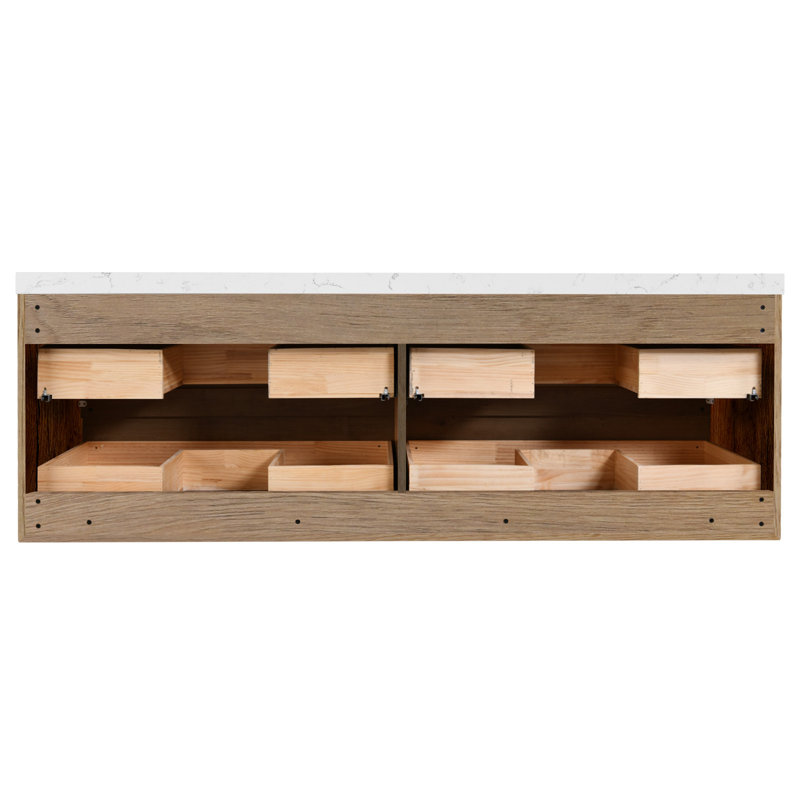 Meuble-lavabo mural avec plateau en marbre d'ingénierie, Bois naturel, 72"