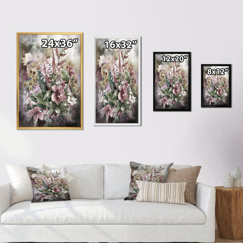 Grunge rose gris, fleurs d'été - décoration murale traditionnelle en toile, H 12 po x l 8 po x P 1 po, Cadre naturel flottant