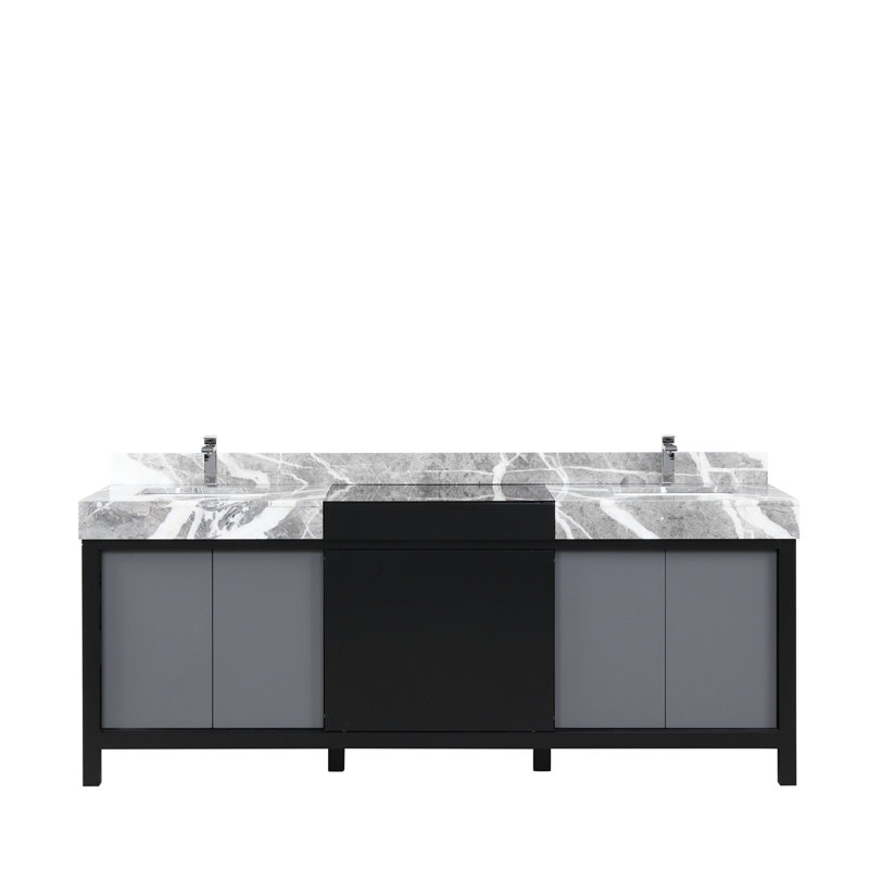 Ensemble de meuble-lavabo double avec plateau en marbre gris château et robinet chromé
