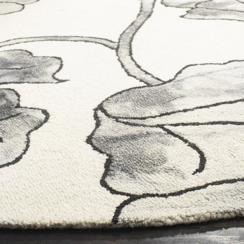 Coleman Hand Tufted Wool/Cotton Floral Rug in Ivory/Light Gray, Round 7'