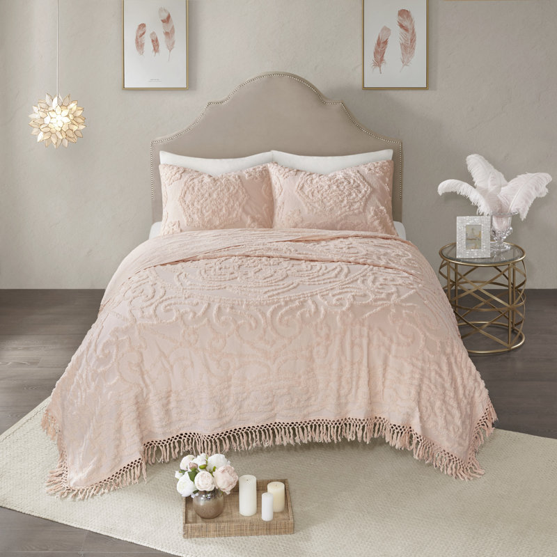 Laetitia Tufted Chenille Cotton Medallion Fringe Coverlet Set, Blush, Queen Coverlet + 2 Standard Shams