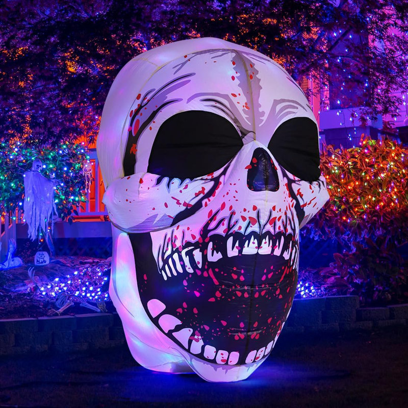 Halloween Inflatable 4 Ft Scary Halloween Inflatables Skull Outdoor Decorations Colorful Dimming Skull With Built-in Magic Leds