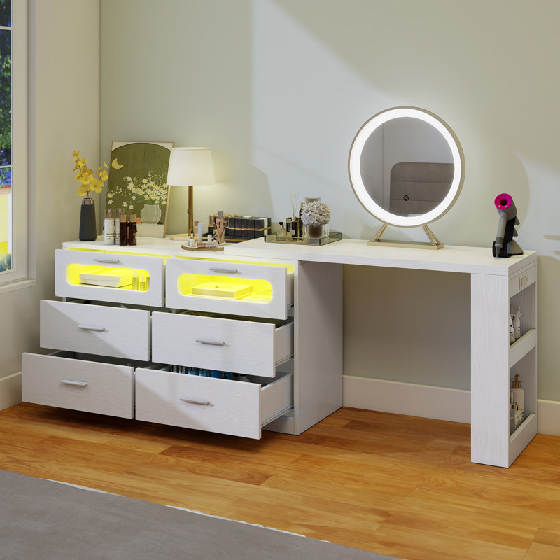 LED Modern Makeup Vanity Table Adjustable Cabinet With 6 Drawers And Power Outlets, White