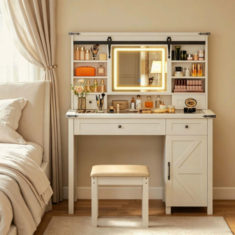 Console de beauté moderne, ensemble de coiffeuse avec miroir à DEL et tabouret rembourré, meuble-lavabo, coiffeuse avec rangement, ensemble de meubles de coiffeuse (seulement 1 coiffeuse, 1 tabouret de coiffeuse)