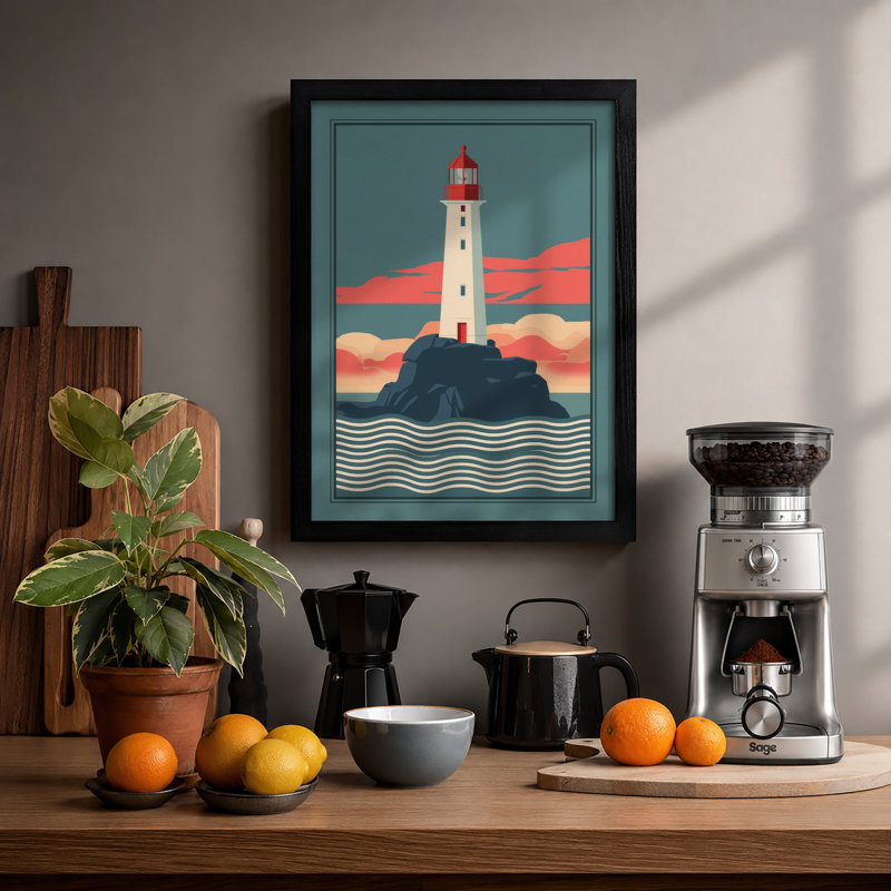 Lighthouse at Sunrise Art Deco - Framed Print, A2 - 59.4 x 42.0 cm, Black