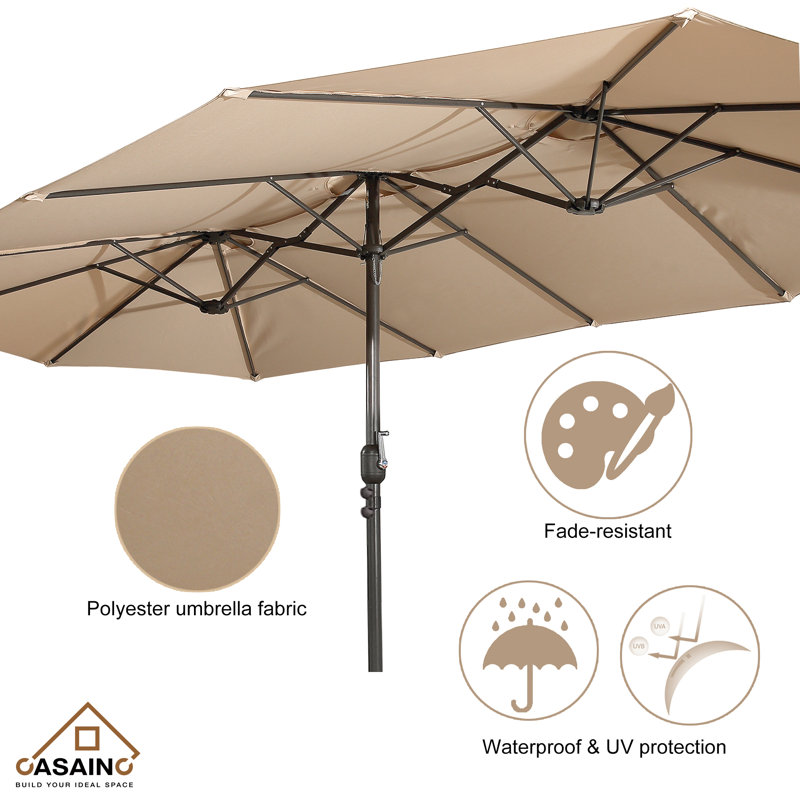 Tan Double-Sided Rectangular Market Umbrella with Iron Base