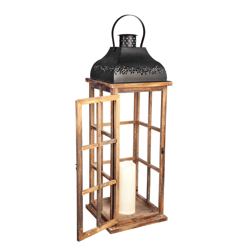 Set Of 3 Nested Wood And Metal Lanterns W LED Candle