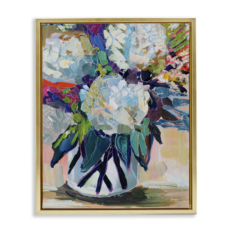 «Summer Blooming Bouquet», art mural encadré par Jeanette Vertentes, H 31 po x l 25 po, Cadre flottant métallique doré