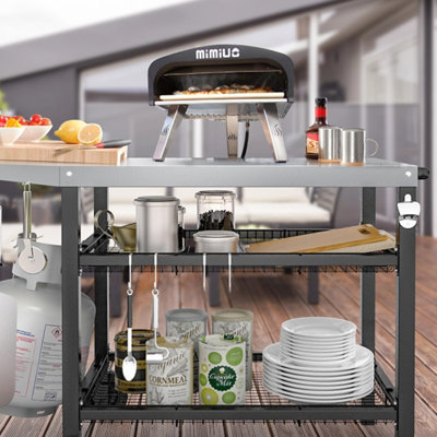 Hitechluxe  Three-Shelf Stainless Outdoor Movable Food Prep Grill Cart Table with Fordable Side Table