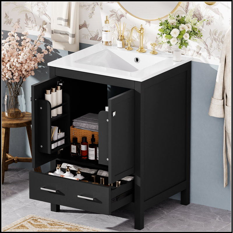 Meuble-lavabo moderne de 24 pouces avec lavabo intégré en céramique, portes à fermeture en douceur et solutions de rangement polyvalentes