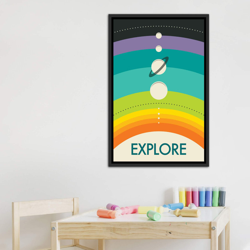 Système solaire pour enfants, décoration murale, H 40 po x l 26 po x P 1,5 po, Toile avec cadre noir patiné