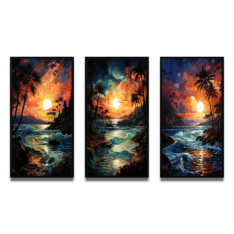 «Colorful Orange Palm Trees Sunset», 3 pièces sur toile, Cadre flottant noir, H 32 po x l 48 po