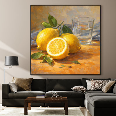 Très grand reproduction d'art sur tissu - Nature morte au citron avec verre, décoration murale moderne pour le salon ou la chambre à coucher - «Assemblage requis du cadre (cadre non fini)»