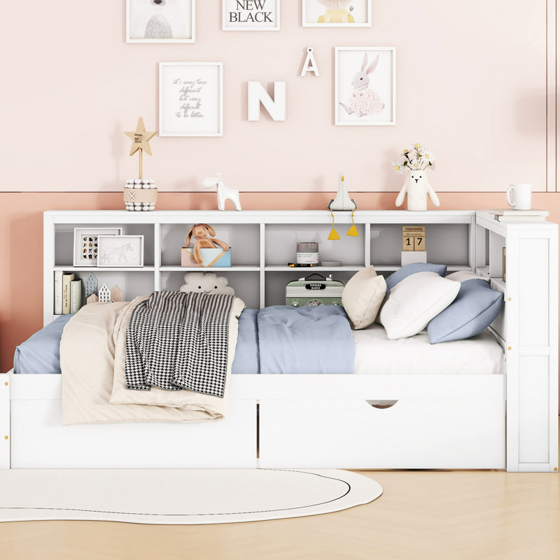 Lit de jour pleine grandeur en bois avec 2 tiroirs et rangement en blanc - Élégante surface de couchage pratique, Blanc