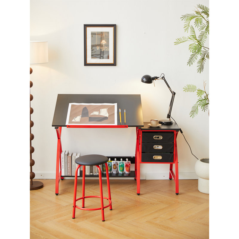 Drafting Table With Stool, Black/Red