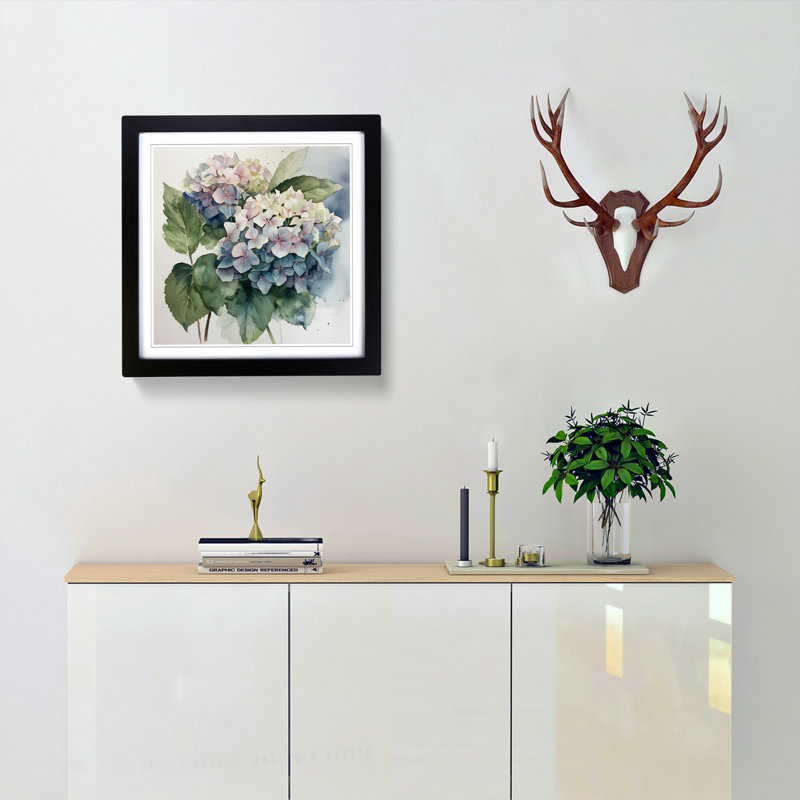 Hydrangea Watercolour No.2 - Single Picture Frame Print on Wood, Black