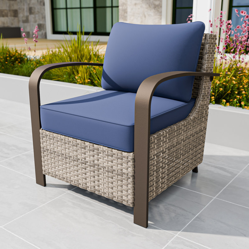 Wicker Patio Chair With Cushions, Dark Blue