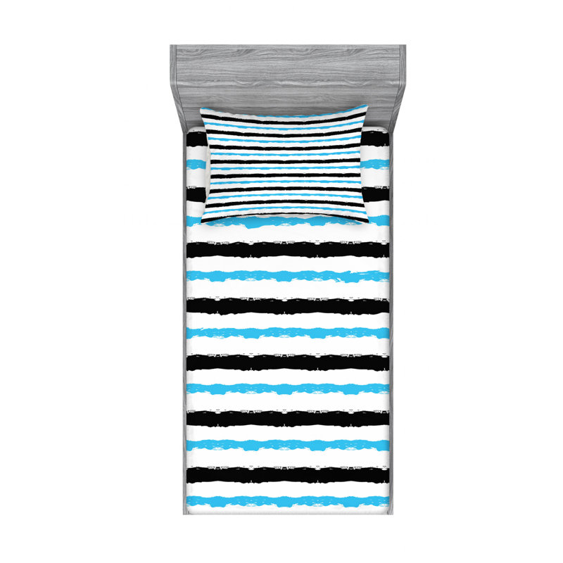 Microfiber Striped Sheet Set, Twin XL Sheet Set + Fitted Sheet + 2 Pillowcases, Blue/Black/White Striped