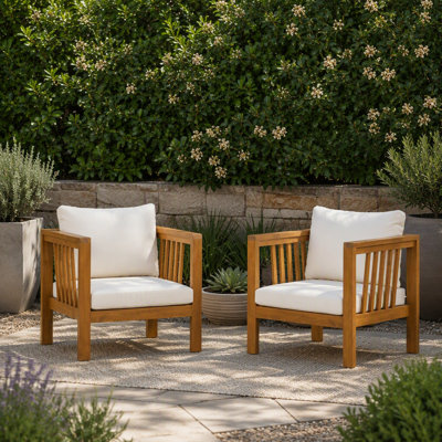 Ensemble de 2 fauteuils club d'extérieur en bois d'acacia avec accoudoirs carrés modernes, ensemble de conversation de patio 2 pièces avec coussins épais et pieds réglables
