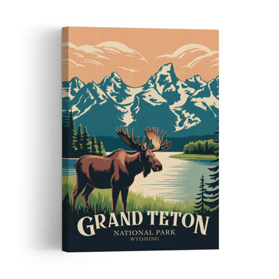 Grand Teton Moose Mountain Serene Vintage Abstract Pine Animal Forest Wall Art Print 1 Piece Wrapped Canvas Wall Art