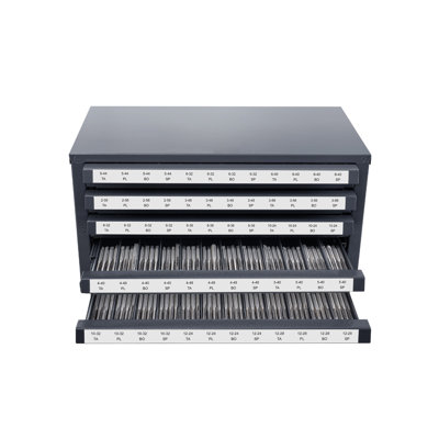 Industrial Steel Tap Dispenser Cabinet - 5-Drawer Stackable Tool Organizer with Labeled Compartments for #2-56 to #12-28 Taps