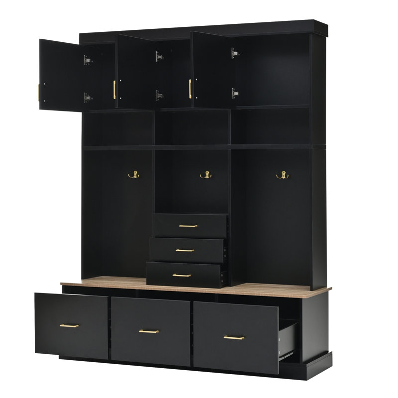 75'' H Entryway Hall Tree with Bench and Storage, 5-in-1 Modern Hall Tree with Coat Rack, 6 Drawers, 3 Cabinets and 3-Tier Top Storage