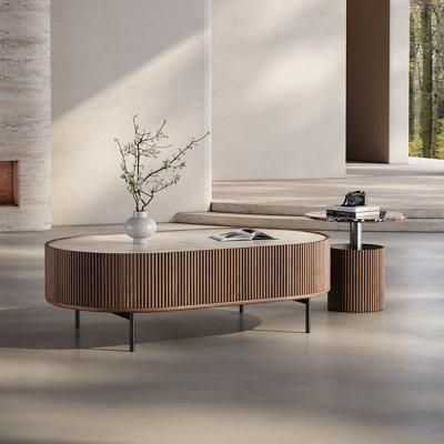 Italian oval stone slab coffee table set