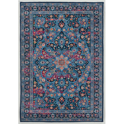 Tapis bleu et framboise tissé à plat à la machine avec envers antidérapant Emanuel 