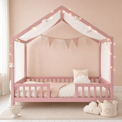 Lit simple Montessori de style maison rose avec auvent suspendu, cadre de lit pour tout-petit en pin massif avec garde-corps complets, lit pour enfant certifié de sécurité CPC