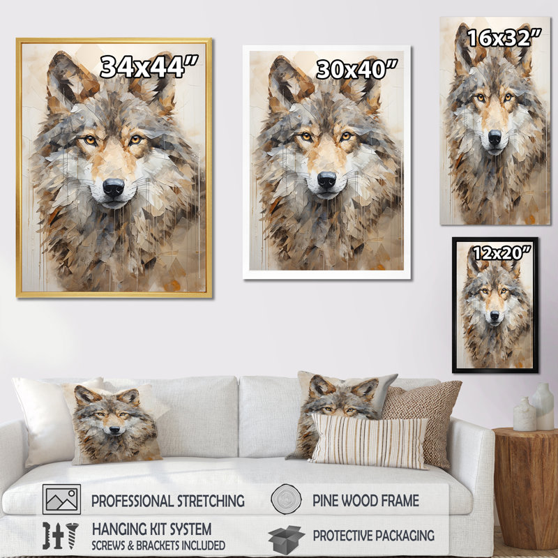 Minimalisme beige loup expression II, reproduction sur toile, Cadre flottant doré, H 40 po x l 30 po x P 1,5 po