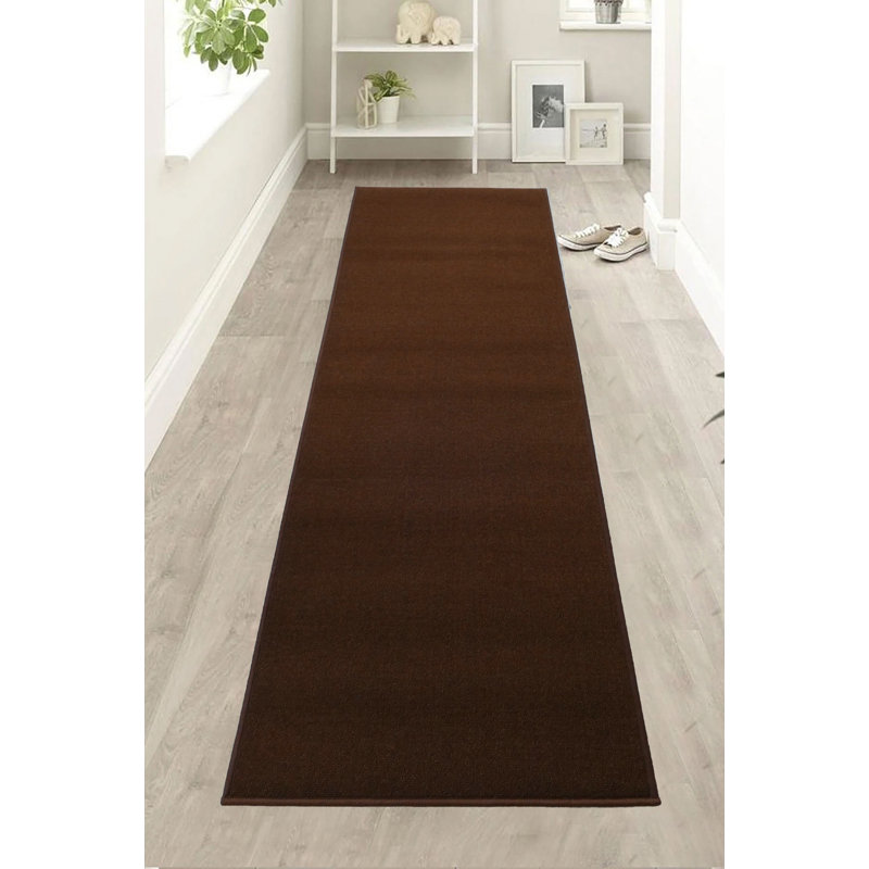 Washable Anti Slip Low Pile Solid Brown Color Absidy Custom Size Runner Rug, Runner 2'2" x 11'
