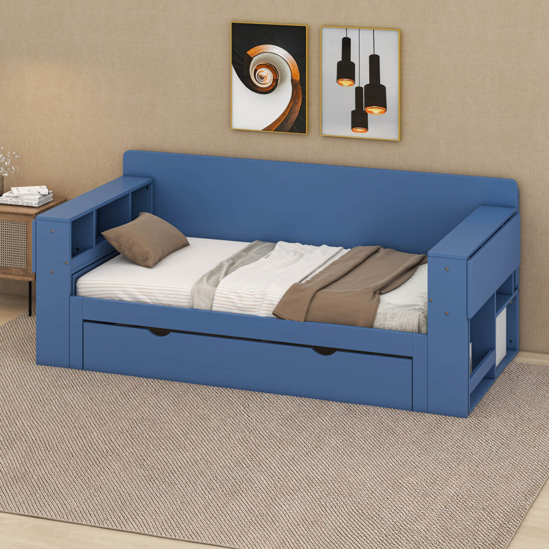 Lit de jour extensible avec bureau amovible et table d'appoint hydraulique, canapé multifonctionnel 4-en-1 Be, Bleu, Grand