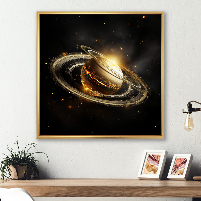 «Black Saturn Triple ceinture» - art mural de la planète espace, Cadre flottant doré, H 16 po x l 16 po x P 1 po