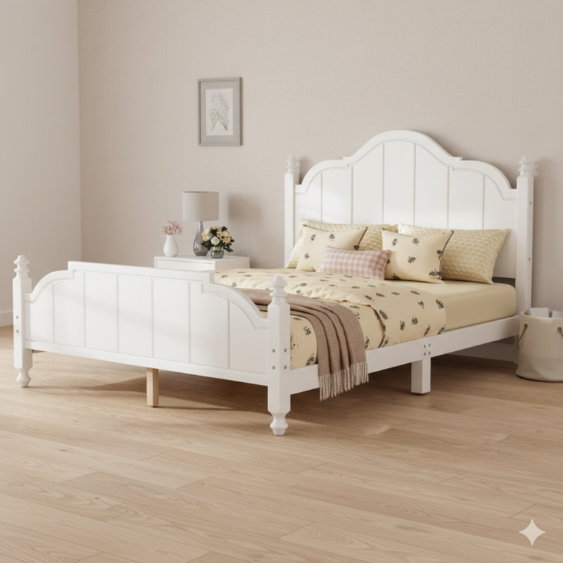 Base de lit grand avec une tête de lit. Structure de lit grand style rétro avec support à lattes, plateforme en bois. Aucun sommier tapissier requis, assemblage facile. Finition blanche.