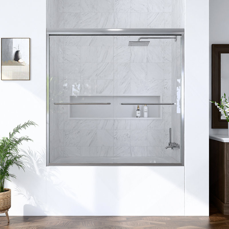 56"-60"W*60" H Semi-Frameless Double Sliding Shower Door, Bypass Shower Door, 1/4" (6Mm) Thick SGCC Tempered Glass Door,Chrome