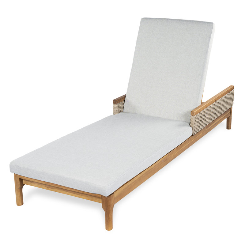 Modern Coastal Solid Acacia Wood Adjustable Outdoor Chaise Lounge with Cushions and Woven Rattan