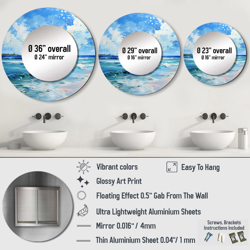 Relaxing Beach Breezes III - Beach Sand Mirror, Teal Round Unique Wall Mirror, Printed Metal Art, 23" x 23"