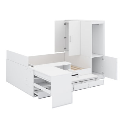 Platform Bed with Integrated Storage Drawers, Shelving, Desk, and Wardrobe