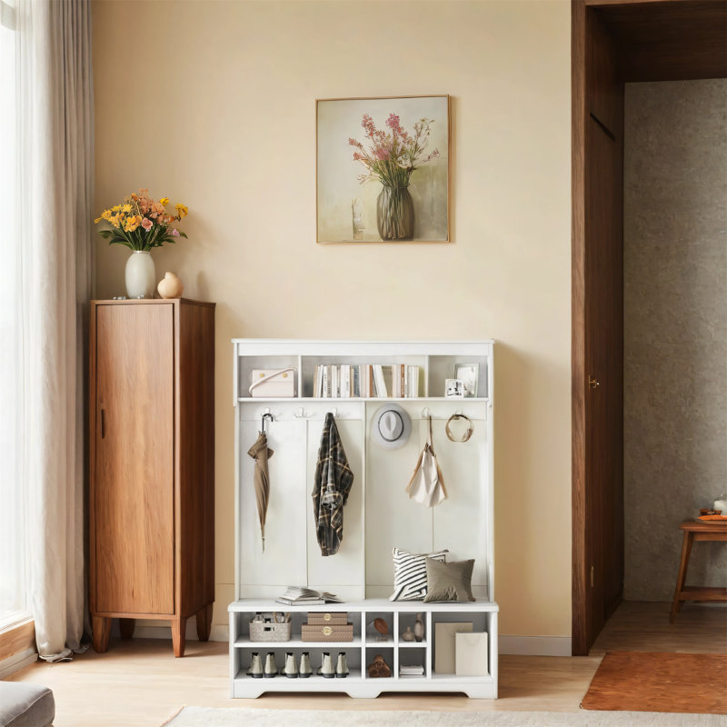 Equipped With Metal Hooks And Storage Space Coat Rack At The Entrance, White