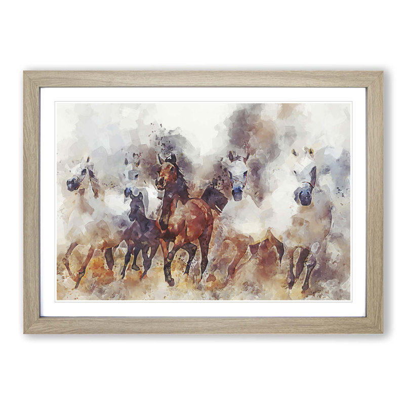 Galloping Horses in Abstract - Picture Frame Painting Print on MDF, 36cm H x 48cm W x 2cm D, Oak Framed