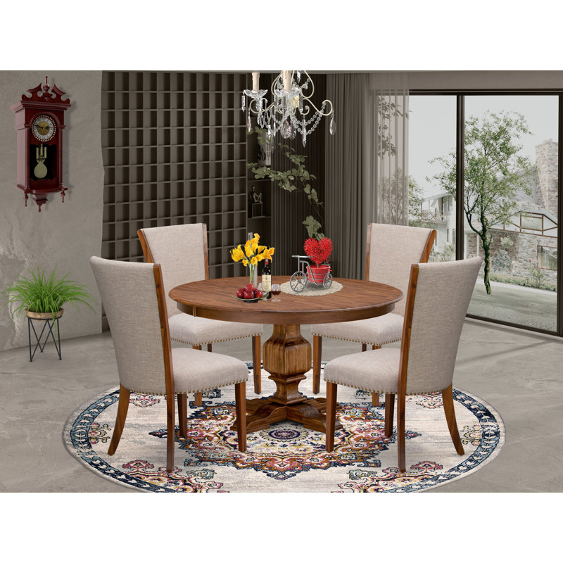5 Piece Dinette Set for 4 Contains a Round Table with Pedestal and 4 Light Tan Linen Fabric Parson Chairs, Antique Walnut