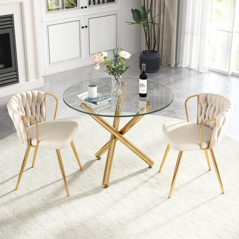 Ensemble de table de salle à manger Elegant, Beige, 3 pièces: table, 2 chaises, Doré