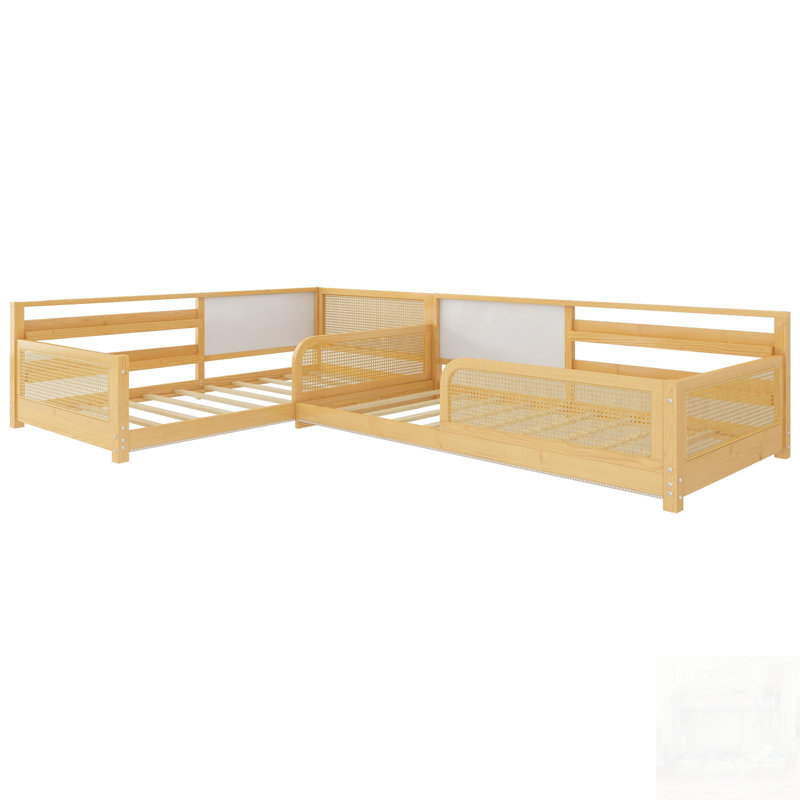 Base de lit en L pour 2 enfants, convertible et amovible avec tableaux blancs, étagères et lumières DEL, Naturel