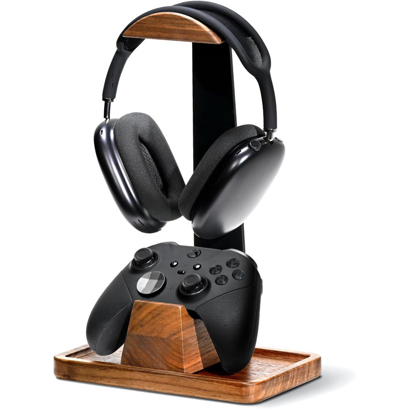 Support pour casque d'écoute avec support pour manette de jeu, support d'écouteur en bois de noyer avec base de rangement, accessoires pour équipement de jeu pour bureau