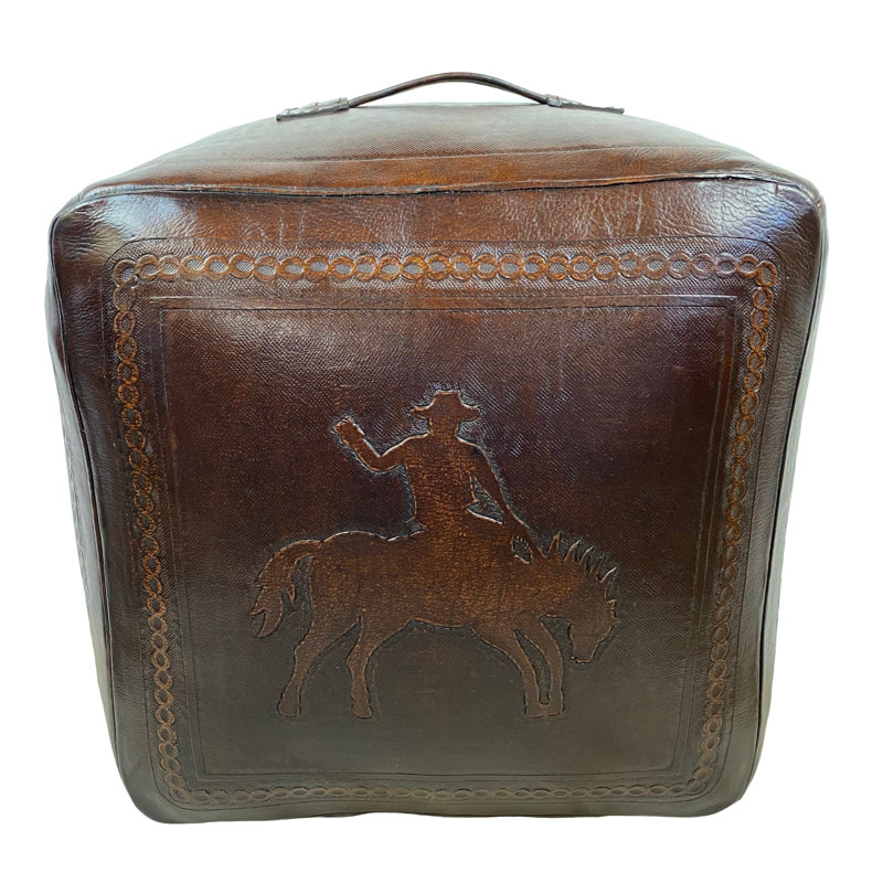 Upholstered Pouf, Antique Brown Genuine Leather