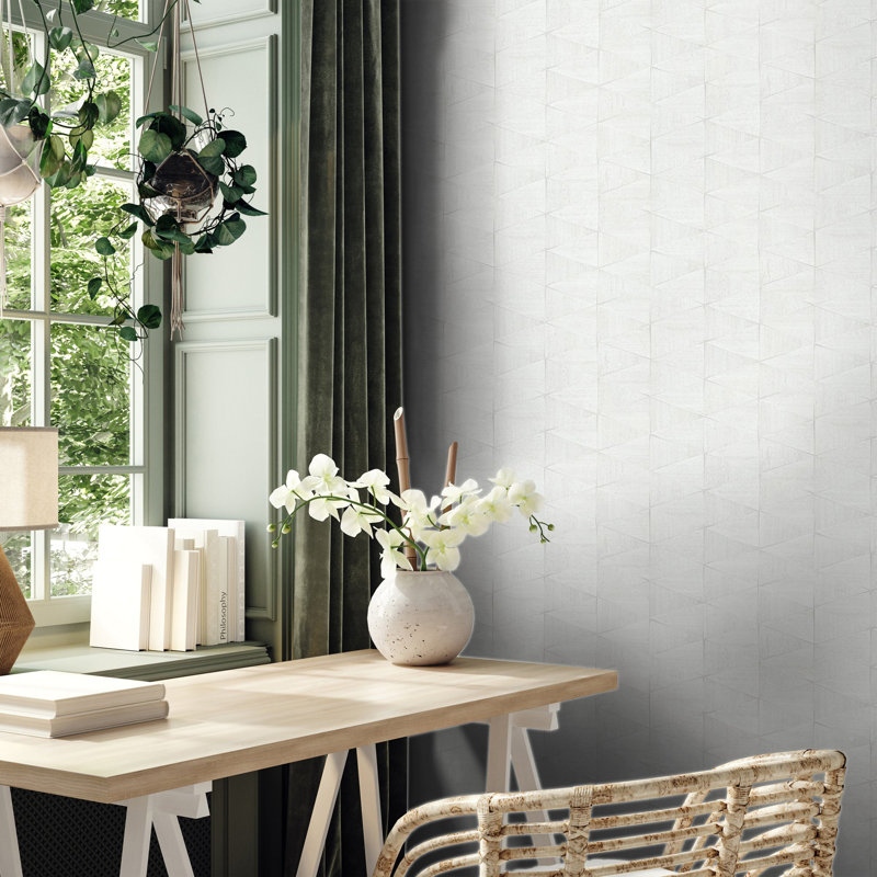 Woods and Wicker Collection Triangular Wood Tile Wallpaper Roll, White